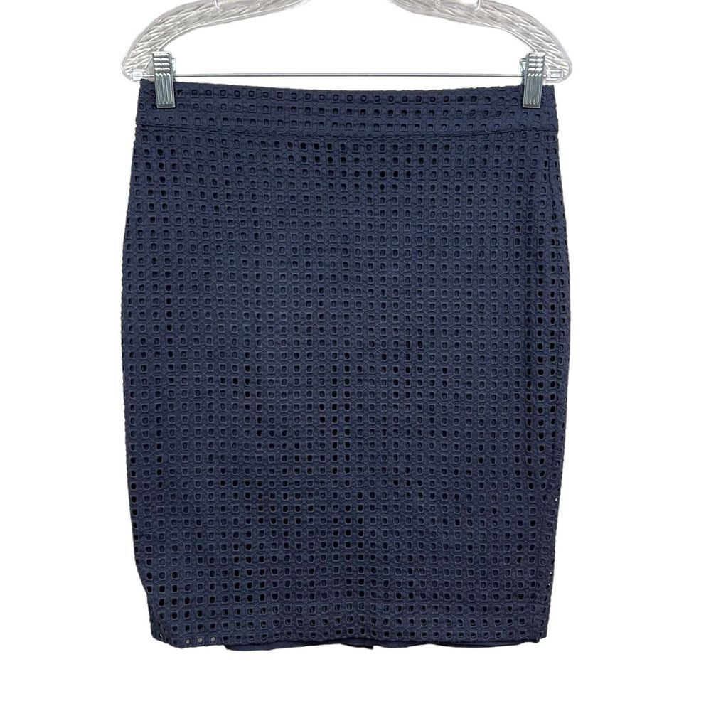Ann Taylor LOFT Women Pencil Skirt Eyelet Pattern Vented Lined Zip Navy Size 4*